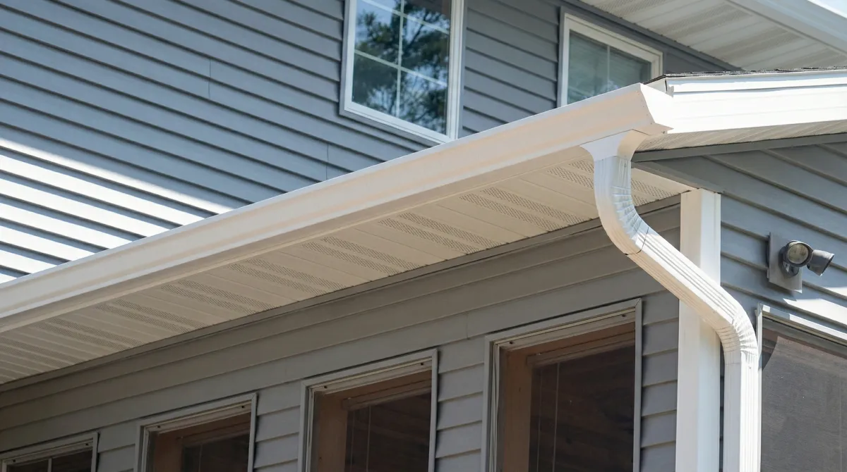 Professional home remodeling project showing newly installed white seamless gutters and downspouts on a house with gray siding in Dover, DE