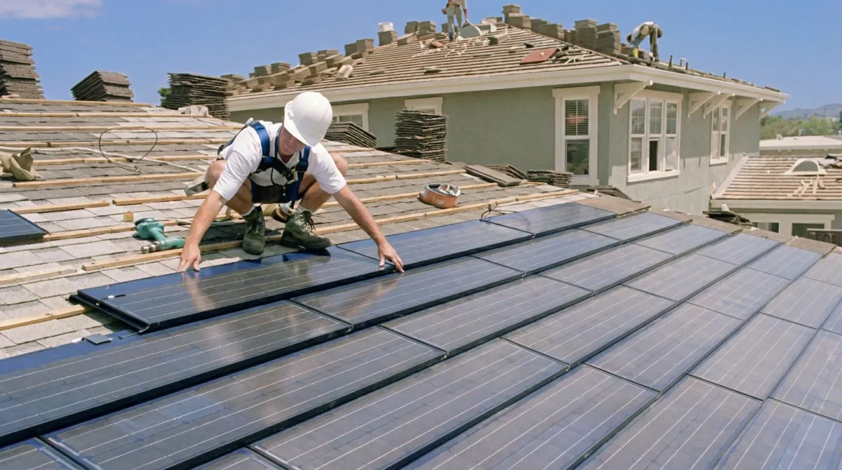 Roof replacement expert installing modern solar shingles on a residential home in Dover, DE