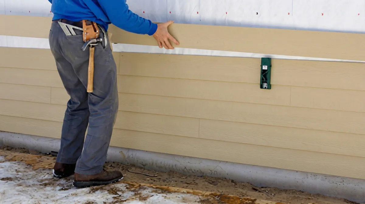 Siding replacement expert carefully aligning a new tan siding panel onto a residential exterior wall in Dover, DE