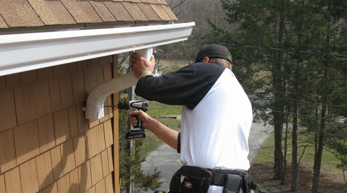 Professional contractor installing tan vinyl siding panels on a residential home exterior in Dover, DE