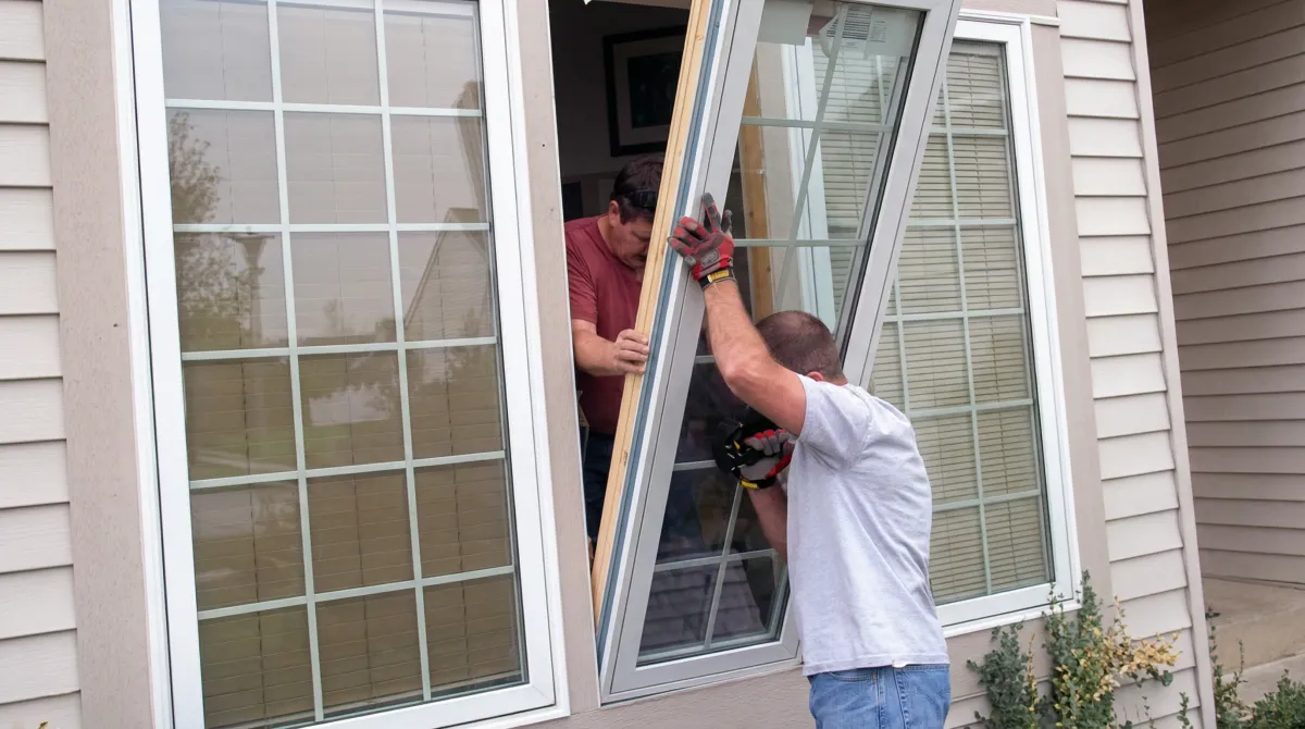 Professional home remodeling team installing a large replacement window on a house with tan siding in Dover, DE