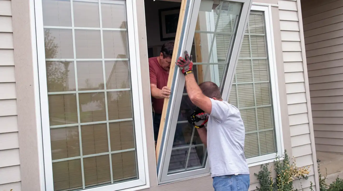 Professional home remodeling team installing a large replacement window on a house with tan siding in Dover, DE